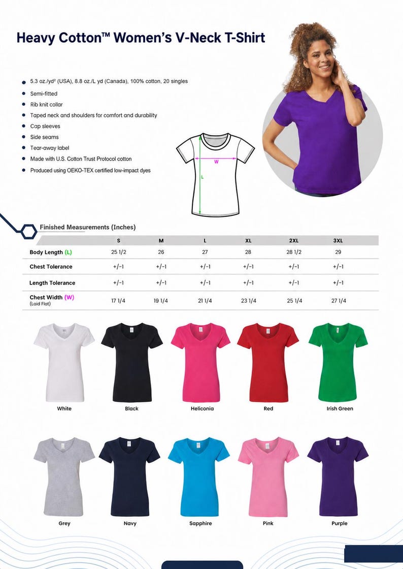 Op de afbeelding: Een V-hals T-shirt van zwaar katoen verkrijgbaar in tien kleuren: wit, zwart, heliconia, rood, Iers groen, grijs, marineblauw, saffier, roze en paars. De tabel toont de afgewerkte maten in inches voor de maten S tot en met 3XL.