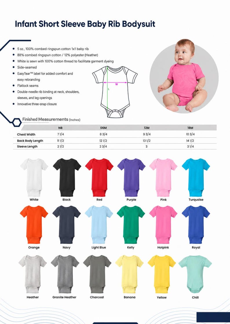 Op de afbeelding: Een babyromper met korte mouwen van ribstof, verkrijgbaar in achttien kleuren waaronder wit, zwart, rood, paars, roze, turquoise, oranje, marineblauw, lichtblauw, kelly, hotpink, koningsblauw, heather, graniet heather, antraciet, banaan, geel en chill.