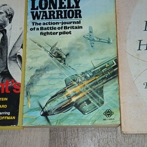 K&ouml;nnte beinhalten: Ein Stapel alter B&uuml;cher. Das zentrale Buch, "Lonely Warrior", hat einen blauen Einband mit Illustrationen von Kampfflugzeugen im Flug. Titel und Autorenname sind deutlich sichtbar. Weitere B&uuml;cher sind ebenfalls vorhanden.