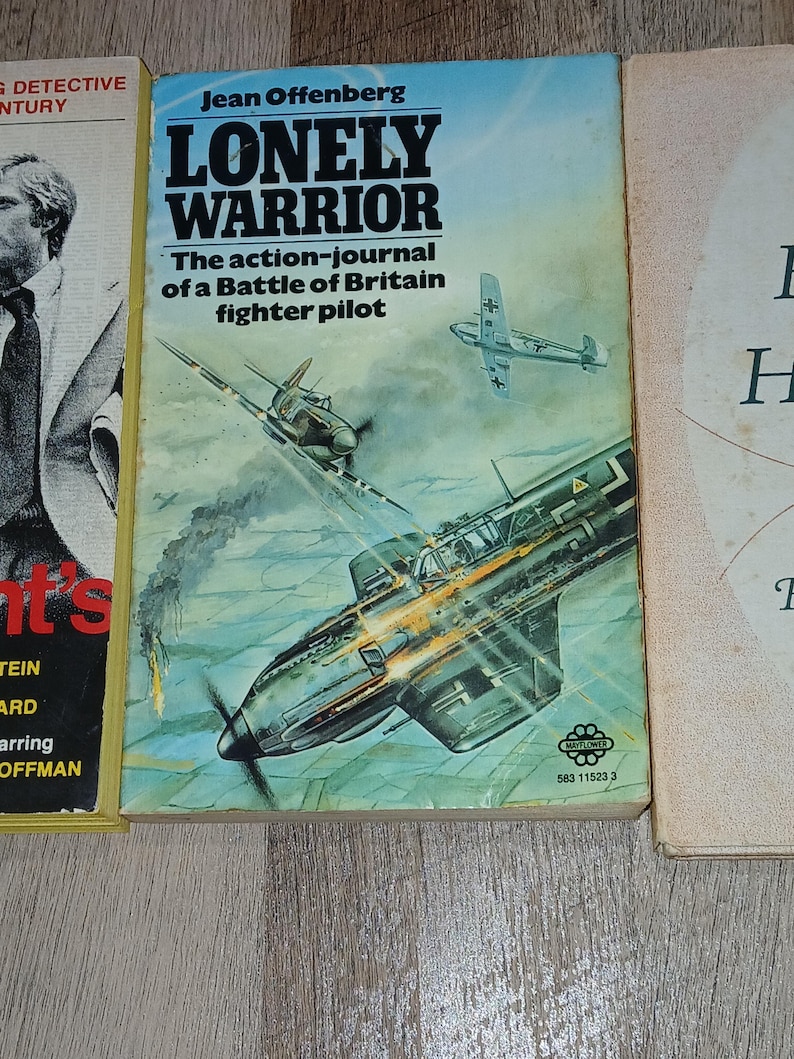 K&ouml;nnte beinhalten: Ein Stapel alter B&uuml;cher. Das zentrale Buch, "Lonely Warrior", hat einen blauen Einband mit Illustrationen von Kampfflugzeugen im Flug. Titel und Autorenname sind deutlich sichtbar. Weitere B&uuml;cher sind ebenfalls vorhanden.