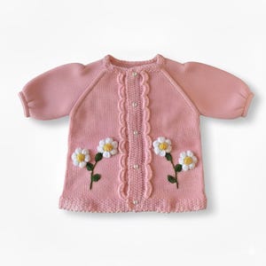 Personalised hand embroidered Baby Cardigan with Daisy Appliqués