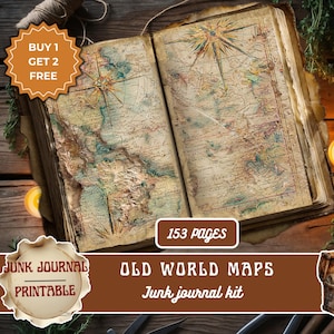 May include: An open antique book with aged pages displaying old world maps. The book is surrounded by candles and twine, with text that reads "BUY 1 GET 2 FREE", "DIGITAL DOWNLOAD YOU PRINT", and "153 PAGES". The product is a junk journal kit.