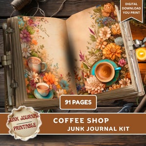 Coffee Shop Junk Journal Kit Printable, Vintage Cafe Ephemera, Kaffeeliebhaber Journal Seiten, Floral Latte Art Digital Papier