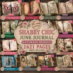 May include: A digital junk journal bundle featuring 1621 pages across multiple sets. The collection includes various open book designs with floral, butterfly, horse, and lace patterns, labeled with page counts and titles like Shabby Chic and Rose.