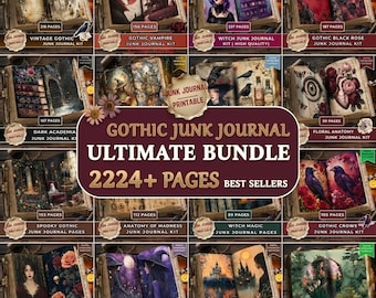 May include: A collection of printable Gothic junk journals, featuring various themes like vampires, witches, and dark academia. The bundle includes over 2224 pages of digital art, with each journal showcasing unique illustrations and designs. The journals are labeled with the number of pages.