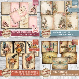 Vintage junk journal bundle showing ballerina with sheet music and pink ballet shoes, Easter bunnies with spring floral journal pages, vintage boho flowers dreamcatcher 300 DPI, and dragonfly species journal page collection