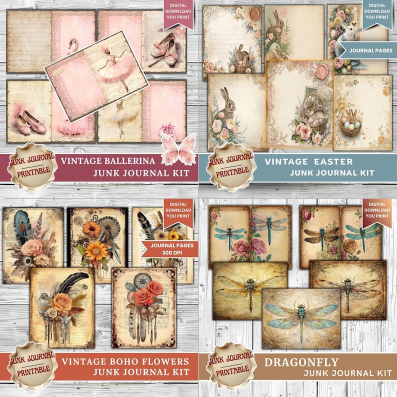 Vintage junk journal bundle showing ballerina with sheet music and pink ballet shoes, Easter bunnies with spring floral journal pages, vintage boho flowers dreamcatcher 300 DPI, and dragonfly species journal page collection