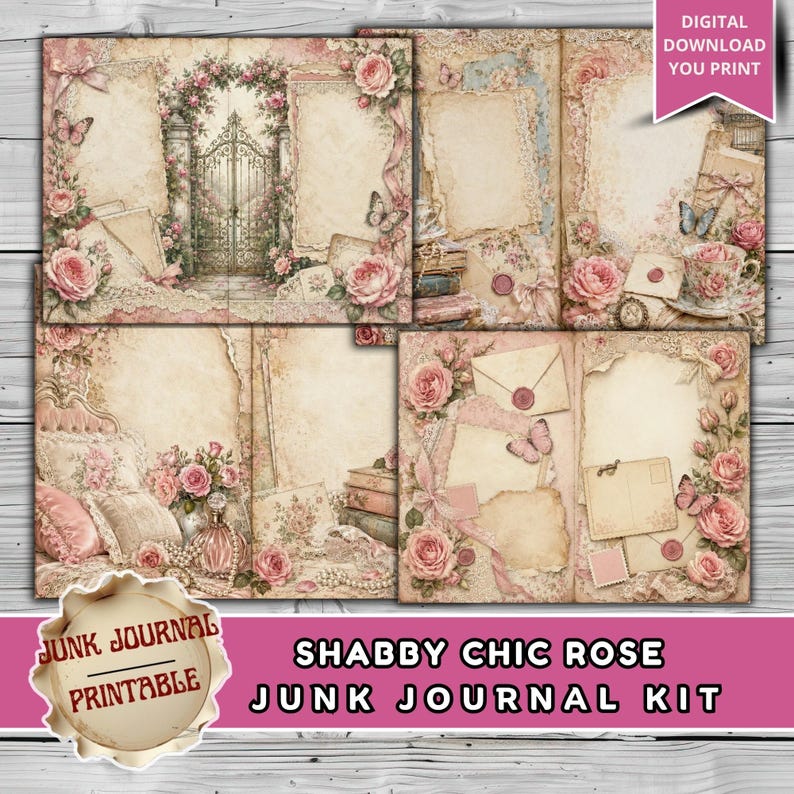 Shabby Chic Rose Junk Journal Kit, Vintage Floral Scrapbook Pages, Pink ...