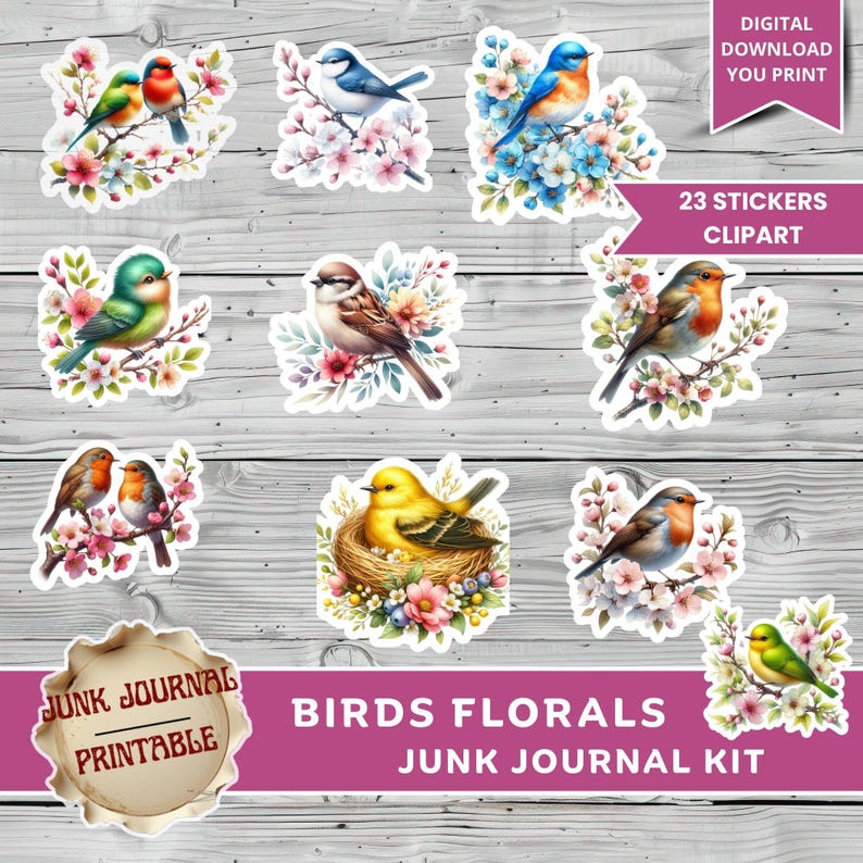 Bird Junk Journal Kit Printable, Vintage Bird Florals Ephemera, Spring ...