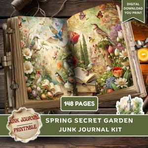 May include: A digital junk journal kit with a spring secret garden theme. The open book displays a colorful illustration of birds, flowers, and butterflies. The journal has 148 pages and includes the text "Digital Download You Print".