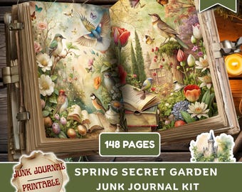 May include: A digital junk journal kit with a spring secret garden theme. The open book displays a colorful illustration of birds, flowers, and butterflies. The journal has 148 pages and includes the text "Digital Download You Print".
