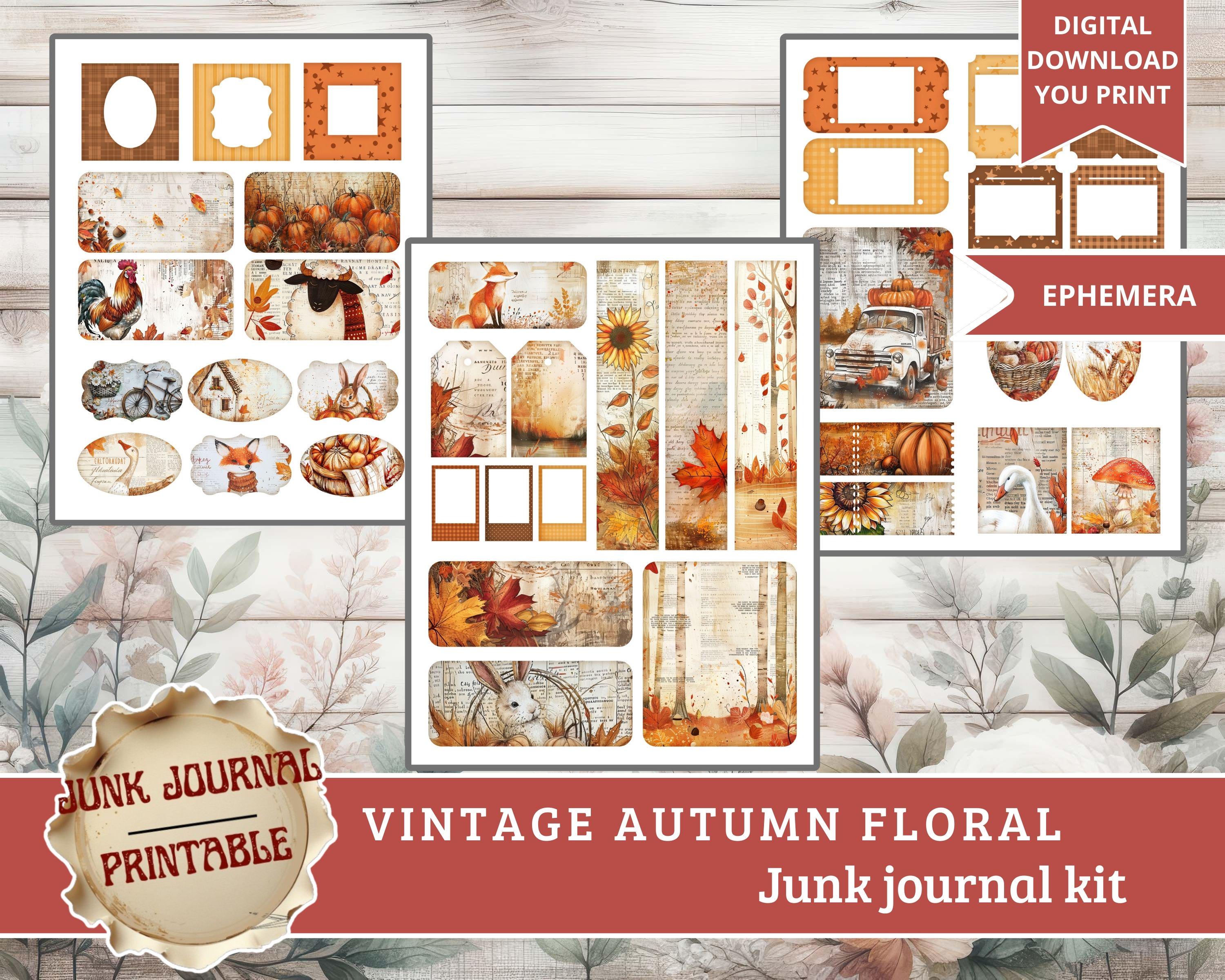 Autumn Floral Junk Journal Kit, Vintage Rustic Ephemera (digital ...