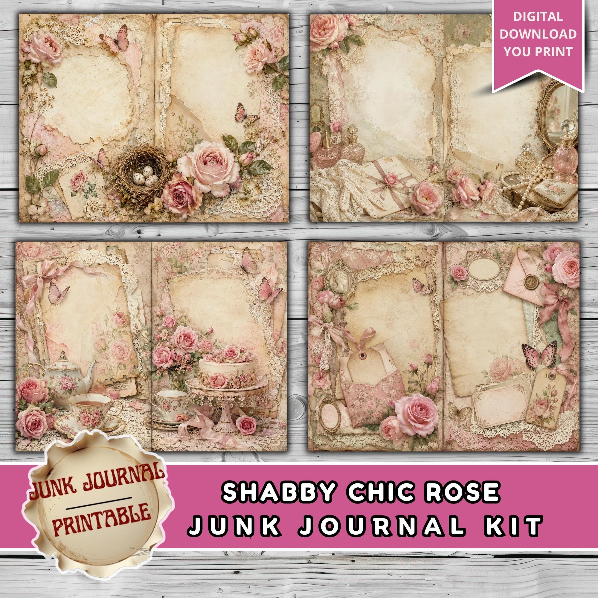 Shabby Chic Rose Junk Journal Kit, Vintage Floral Scrapbook Pages, Pink ...