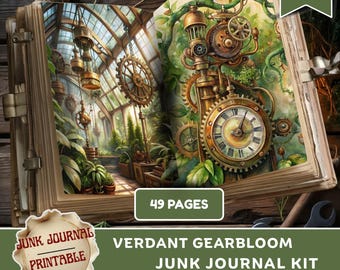 May include: Open junk journal kit with a steampunk-style clock and gears illustration. The journal features a greenhouse scene and the text "Verdant Gearbloom Junk Journal Kit" and "49 Pages". Includes a digital download print.