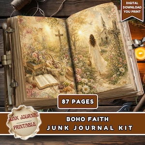 Può includere: Un libro aperto che mostra una stampa digitale di una scena di giardino con una persona in abito bianco che cammina verso una chiesa, circondata da fiori e una croce. Il testo recita 87 PAGES, BOHO FAITH JUNK JOURNAL KIT, DIGITAL DOWNLOAD YOU PRINT.