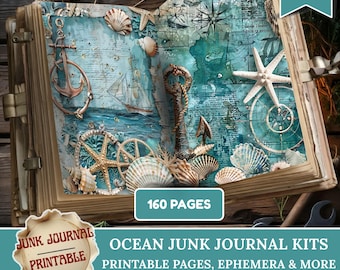 May include: Open junk journal with nautical theme. The pages feature a map design, seashells, anchors, and a sailboat. The journal is labeled "Ocean Junk Journal Kits" and includes the text "Printable Pages, Ephemera & More". The journal has 160 pages.