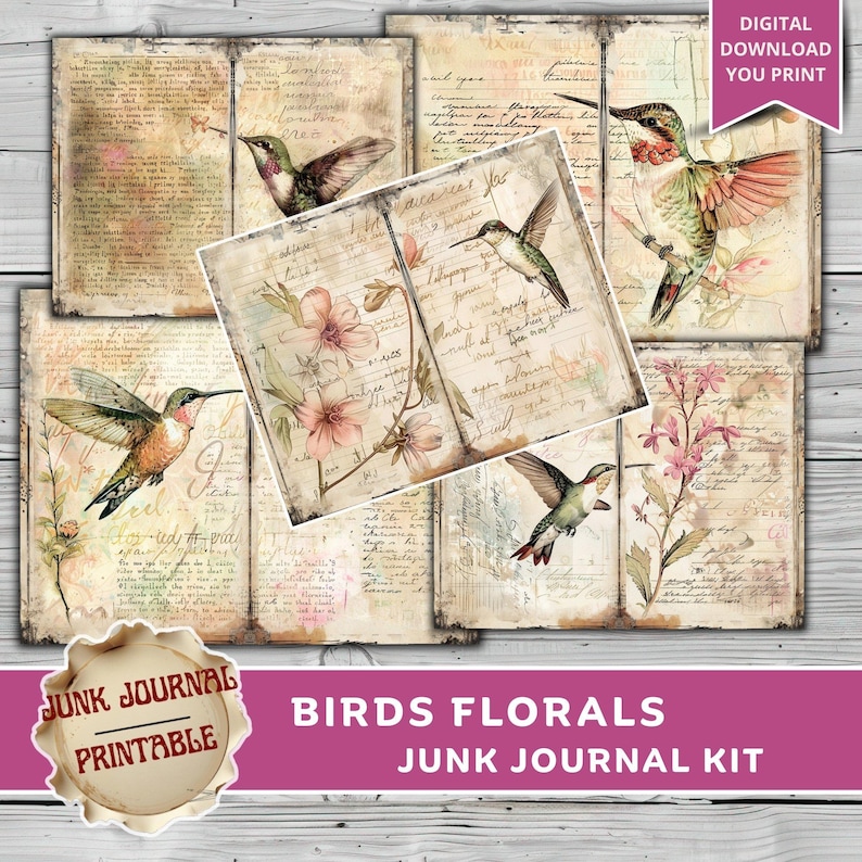 Bird Junk Journal Kit Printable, Vintage Bird Florals Ephemera, Spring ...