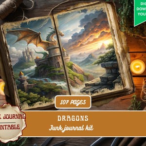 Puede incluir: Diario de chatarra abierto con una ilustración de dragón y castillo. El diario tiene 107 páginas y está etiquetado como "Dragons" y "Junk journal kit". Incluye una etiqueta "Descarga digital para imprimir".