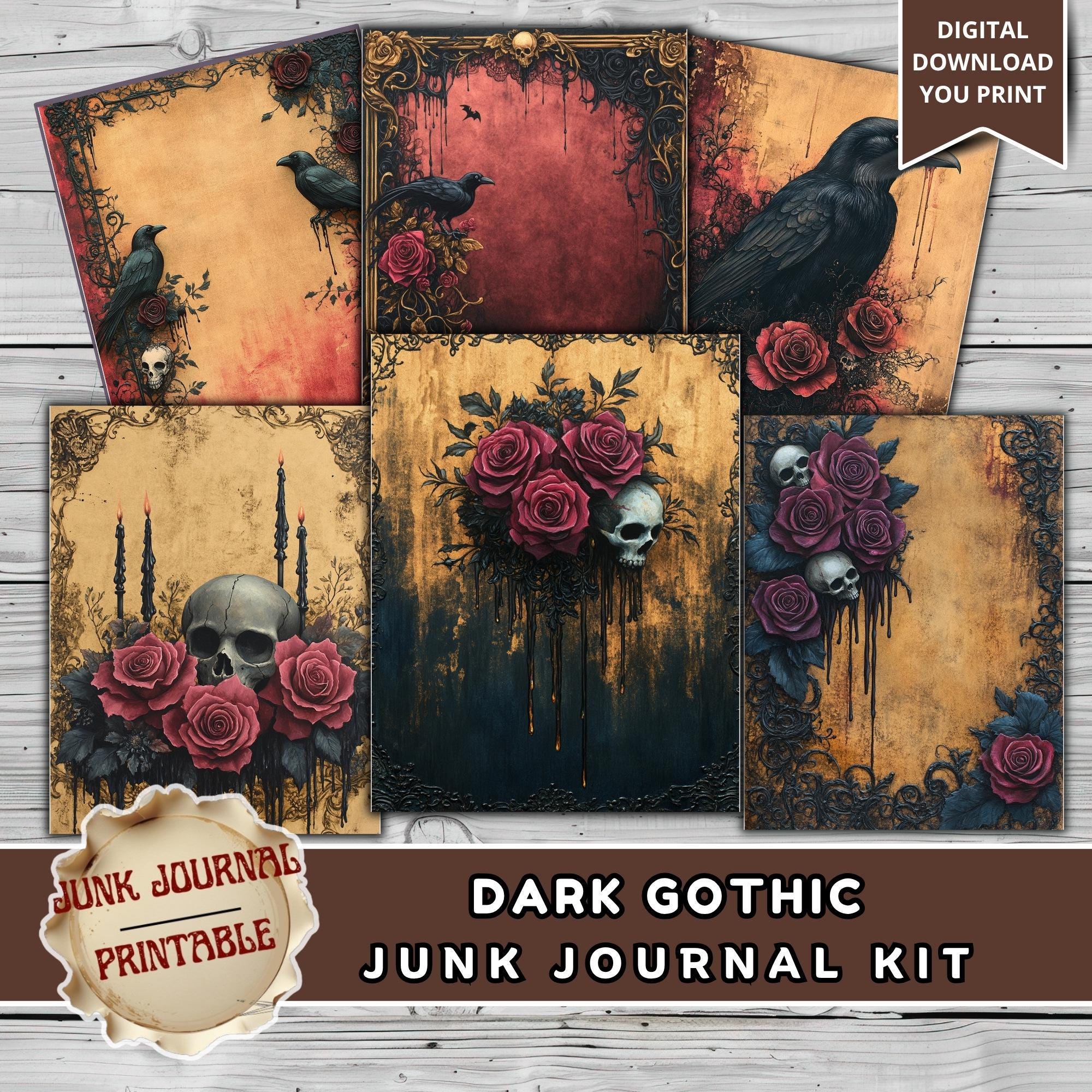 Dark Gothic Junk Journal Kit Printable, Skull Rose Raven Journal Pages ...