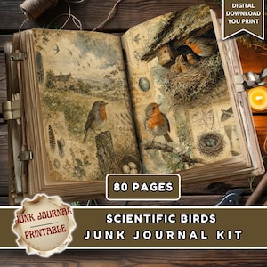 May include: An open book featuring vintage-style illustrations of robins, bird nests, and rural landscapes on aged paper. The pages display detailed botanical and avian sketches. Text on the image includes DIGITAL DOWNLOAD YOU PRINT and 80 PAGES.