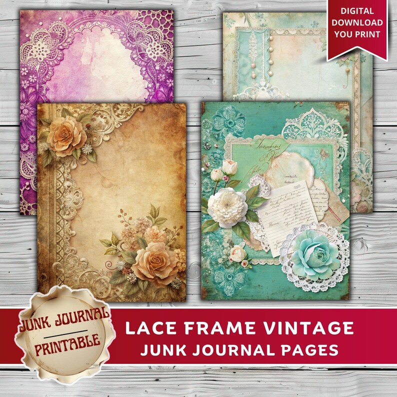Lace Junk Journal Pages Printable Kit, Vintage Shabby Chic Journal ...