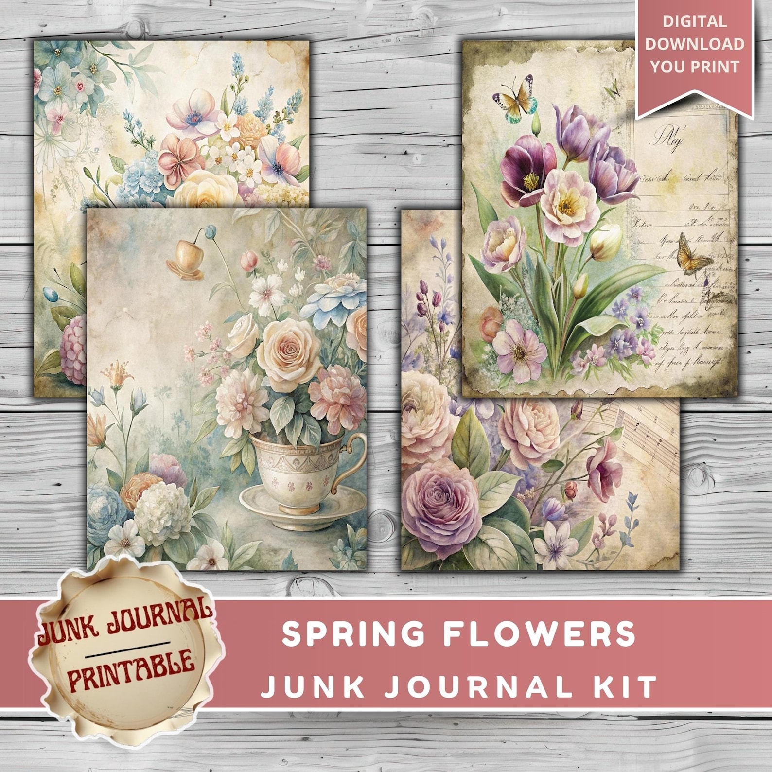 Spring Flowers Junk Journal Kit - 125 Pages Vintage Botanical Printable ...