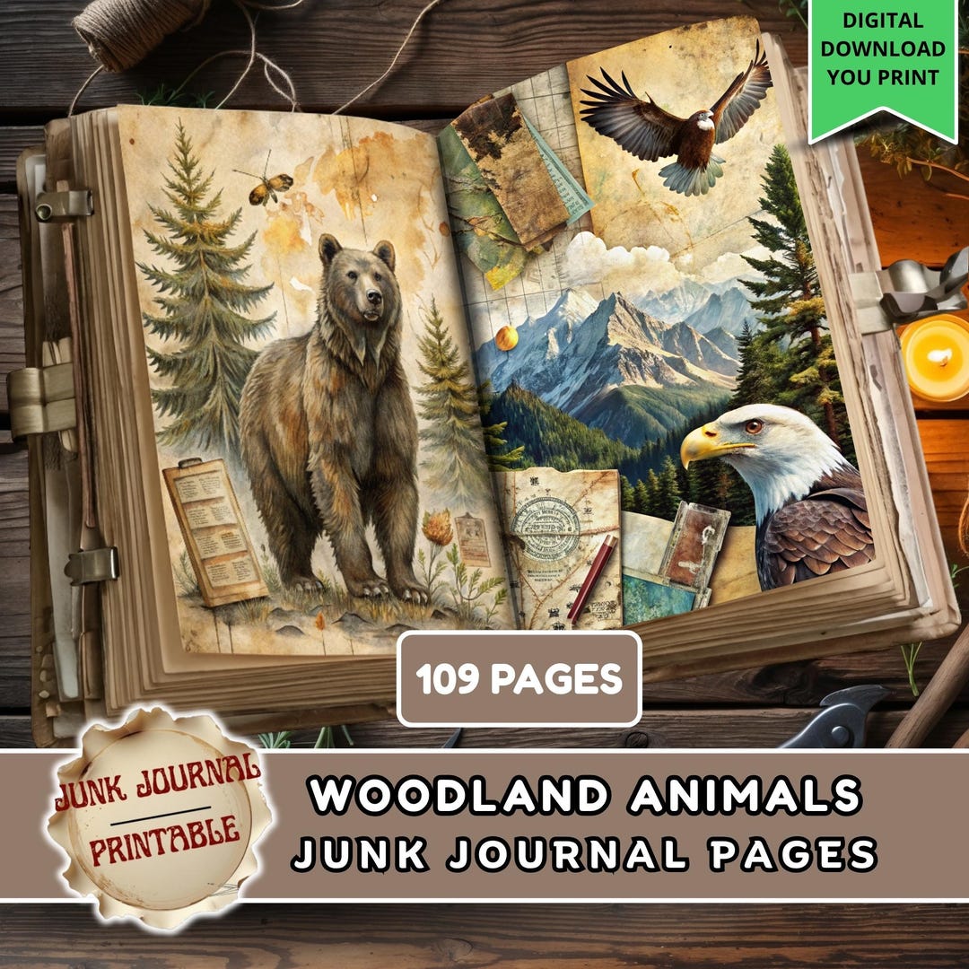 Woodland Animals Junk Journal Kit - 109 Pages Bear Eagle Fox Vintage ...