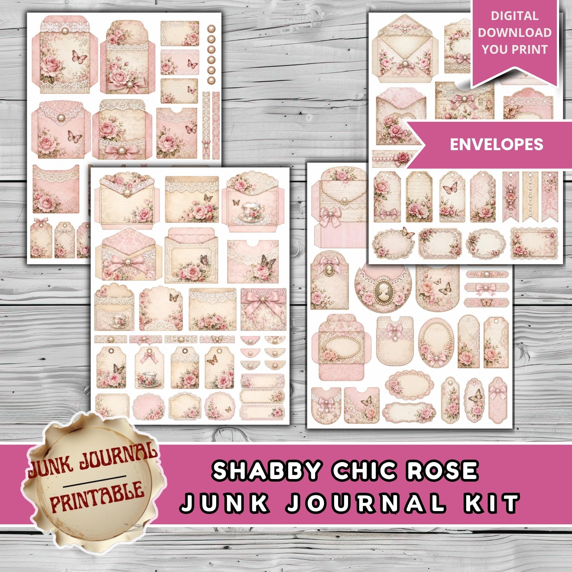 Shabby Chic Rose Junk Journal Kit, Vintage Floral Scrapbook Pages, Pink ...