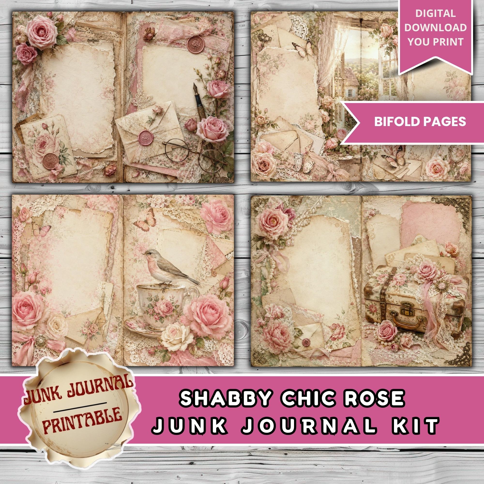 Shabby Chic Rose Junk Journal Kit, Vintage Floral Scrapbook Pages, Pink ...