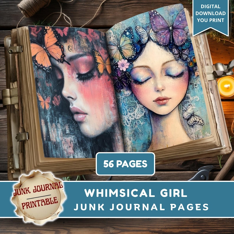 Whimsical Girl Journal Pages Printable, Big Eyed Girl Art, Butterfly Portrait Ephemera, Mixed ...