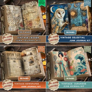 Vintage junk journal bundle kit previews showing celestial barn owl with moon and stars spread 140 pages, vintage newspaper 150 pages, Japanese geisha with waves 40 pages, and antique ledger handwriting 130 pages