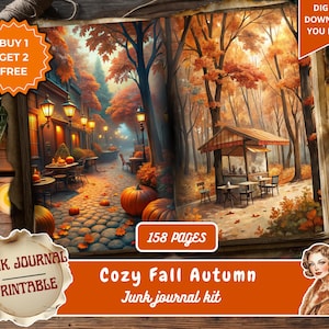 May include: A digital junk journal kit with a cozy fall autumn theme. The image shows a detailed illustration of a cobblestone street lined with trees and lit by lanterns, with pumpkins and fall foliage. Includes the text "BUY 1 GET 2 FREE" and "DIGITAL DOWNLOAD YOU PRINT".
