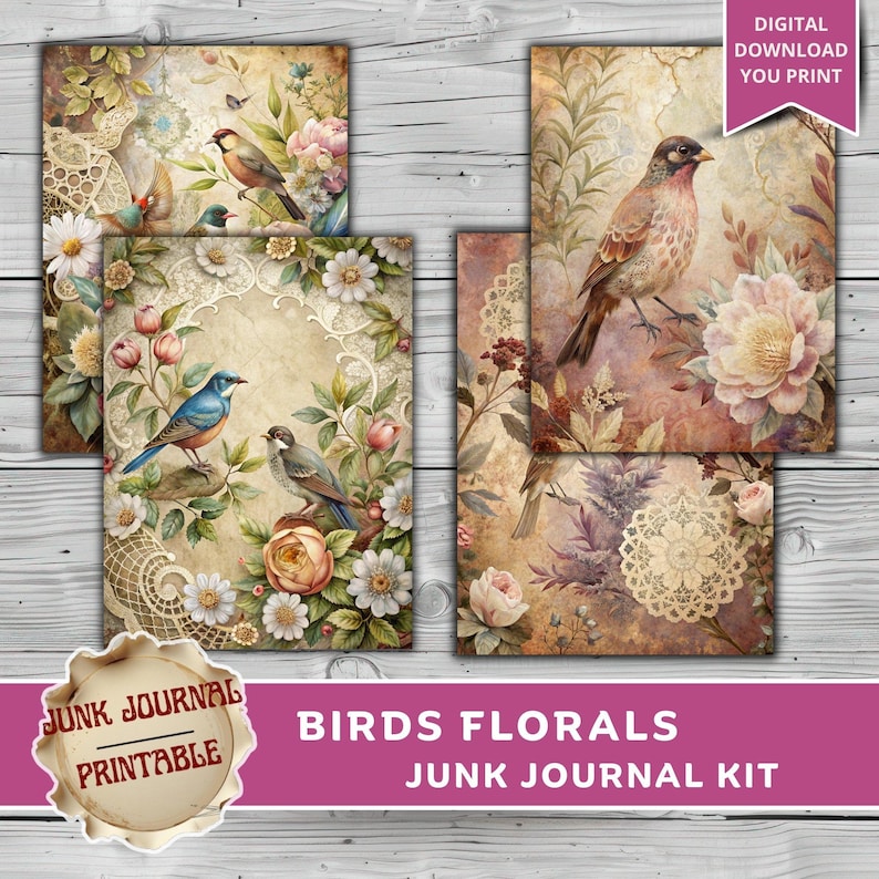 Bird Junk Journal Kit Printable, Vintage Bird Florals Ephemera, Spring ...