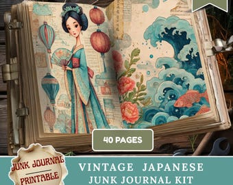 May include: Open vintage junk journal kit with Japanese-themed illustrations. The pages feature a geisha, hot air balloons, lanterns, and ocean waves with fish. The cover reads "Digital Download You Print", "40 Pages", and "Junk Journal Printable".