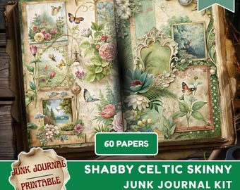 Zestaw do dziennika Shabby Chic Celtic Junk, cienkie strony do dziennika, wydruk Cottagecore, zielone pamiątki vintage, artykuły do scrapbookingu, plik cyfrowy