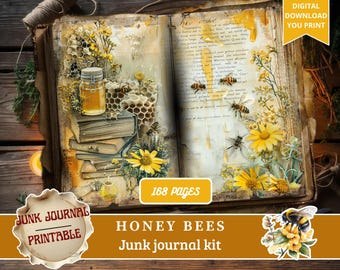 Honey Bees Junk Journal Printable, Junk Journal Supplies, Junk Journal Kits, Bee Scrapbook Paper, Yellow Floral, Ephemera, Honey Bee Clipart