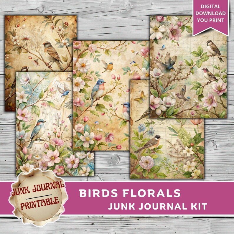 Bird Junk Journal Kit Printable, Vintage Bird Florals Ephemera, Spring ...