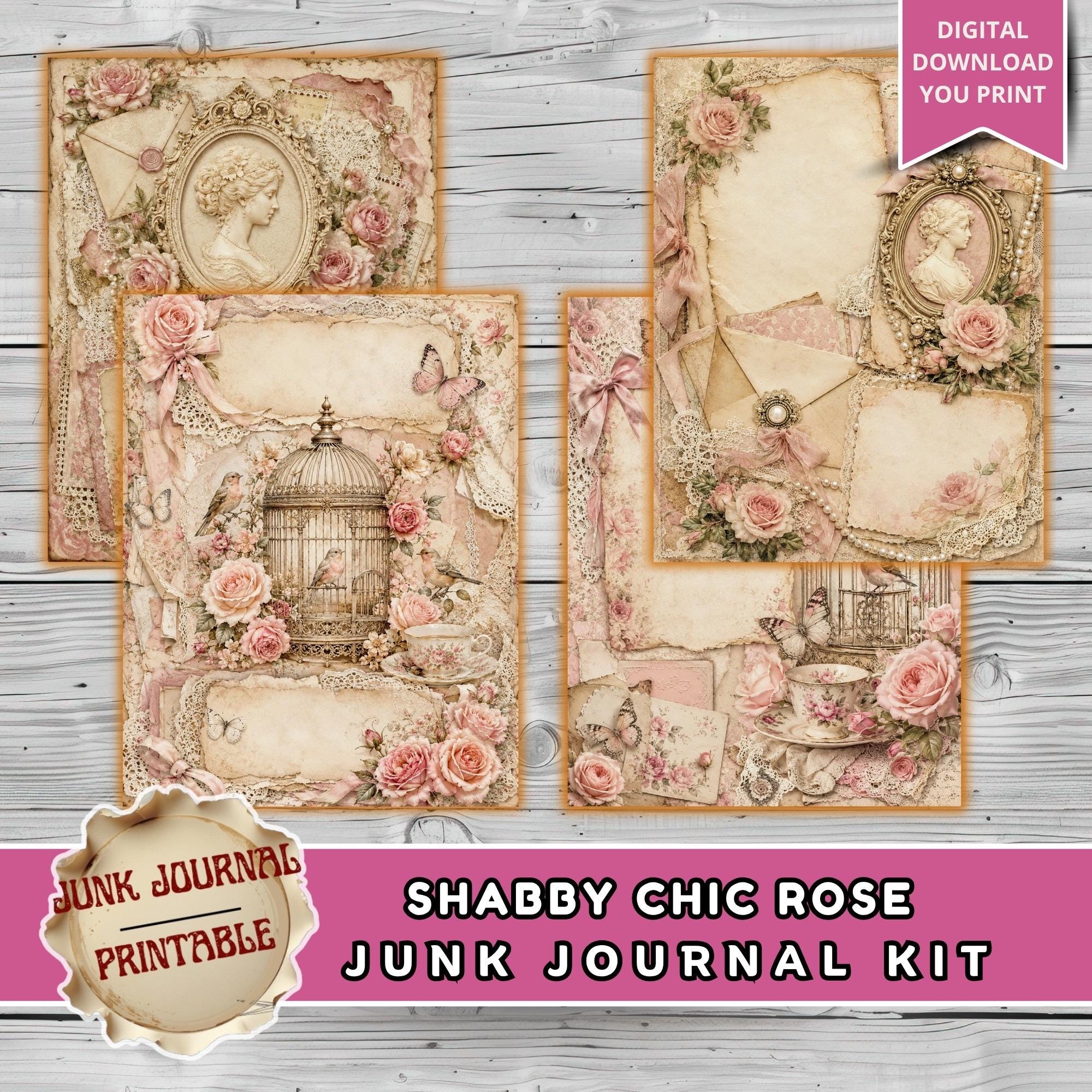 Shabby Chic Rose Junk Journal Kit, Vintage Floral Scrapbook Pages, Pink ...