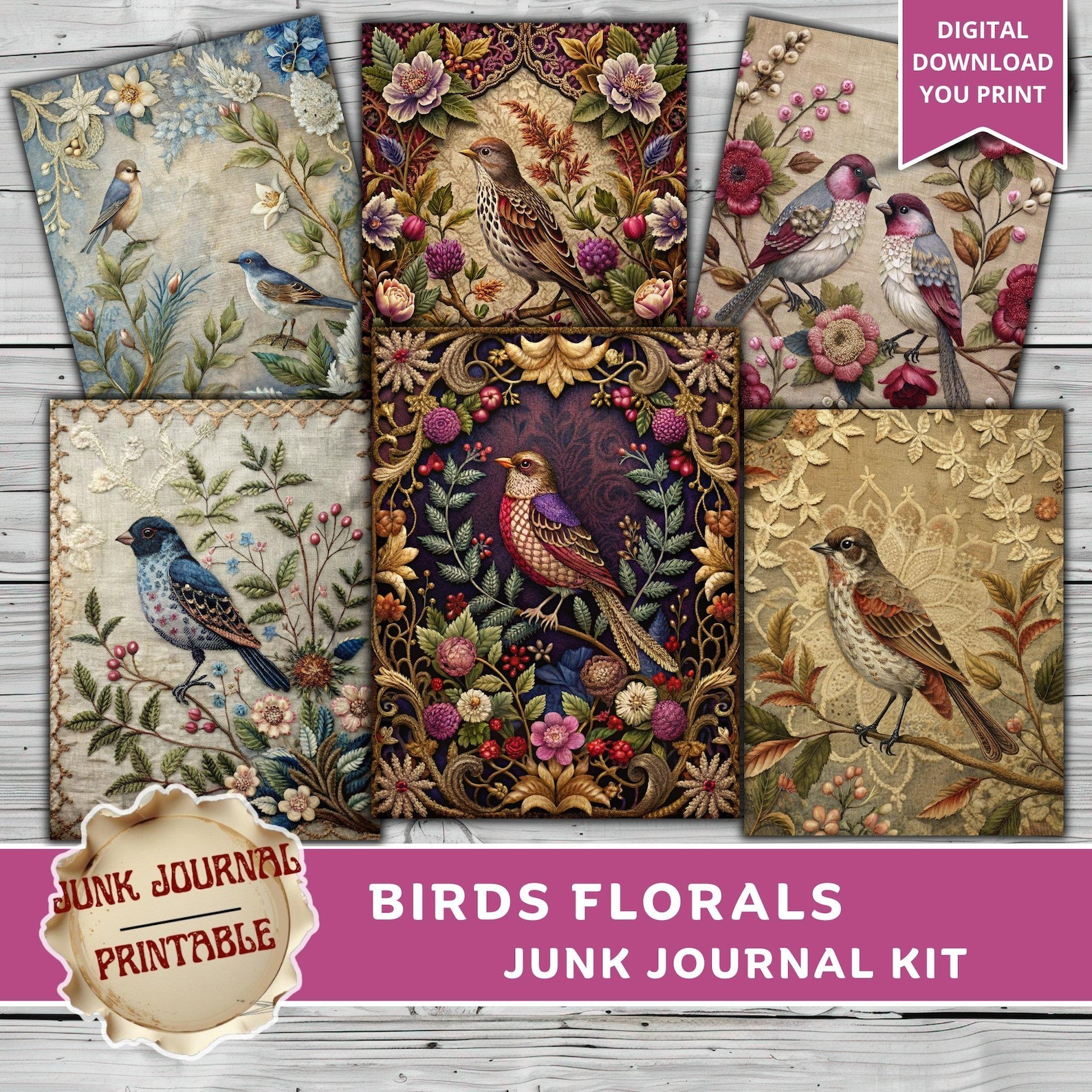 Bird Junk Journal Kit Printable, Vintage Bird Florals Ephemera, Spring ...