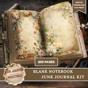 Blank Notebook Junk Journal Paper, Junk Journal Supplies, Lined Grid Plain Pages, Vintage Printable Kit, Scrapbook, Digital Download