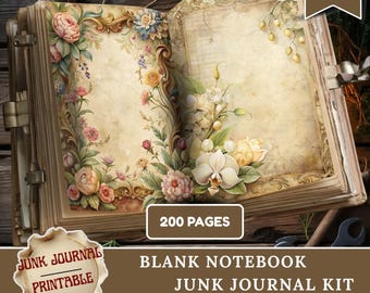 Blank Notebook Junk Journal Paper, Junk Journal Supplies, Lined Grid Plain Pages, Vintage Printable Kit, Scrapbook, Digital Download