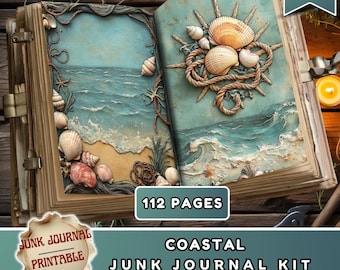 Coastal Junk Journal Kit, Sea Printable Pages, Nautical Ephemera, Beach Scrapbook Paper, Ocean Digital Papers, Seascape Art, Shell Collage