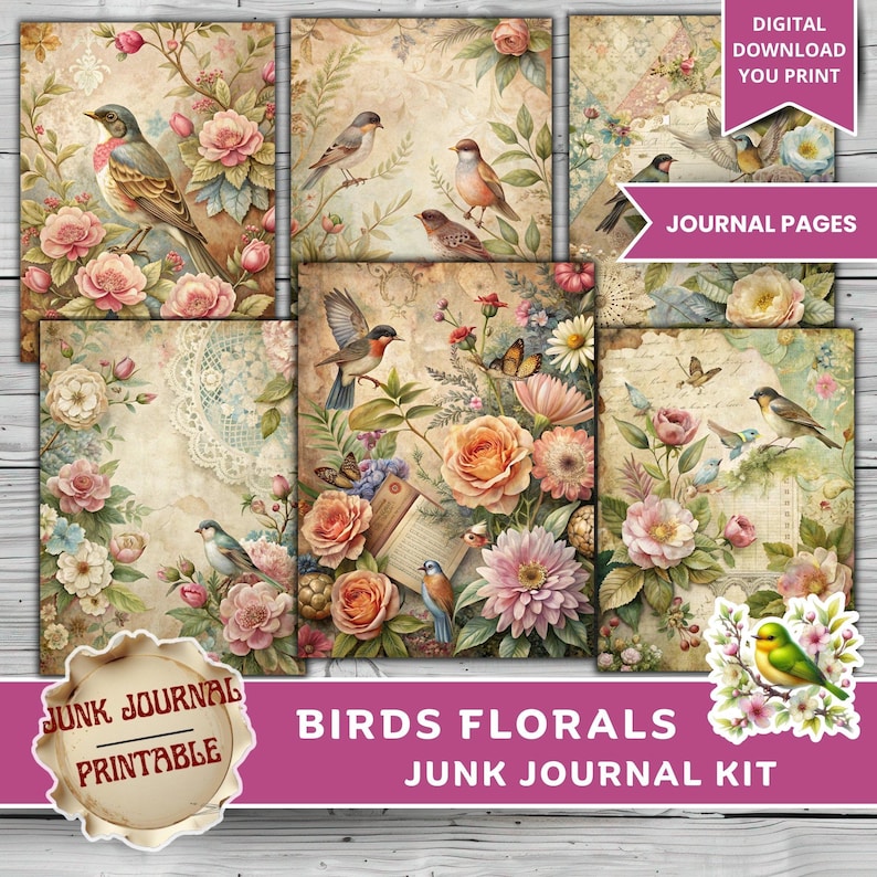 Bird Junk Journal Kit Printable, Vintage Bird Florals Ephemera, Spring ...