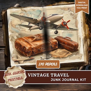 Könnte beinhalten: Vintage Reise-Themen Junk Journal Kit. Das offene Buch zeigt ein Vintage-Flugzeug, Koffer und Karten. Das Bild enthält den Text "170 Papers", "Digital Download You Print" und "Vintage Travel Junk Journal Kit".
