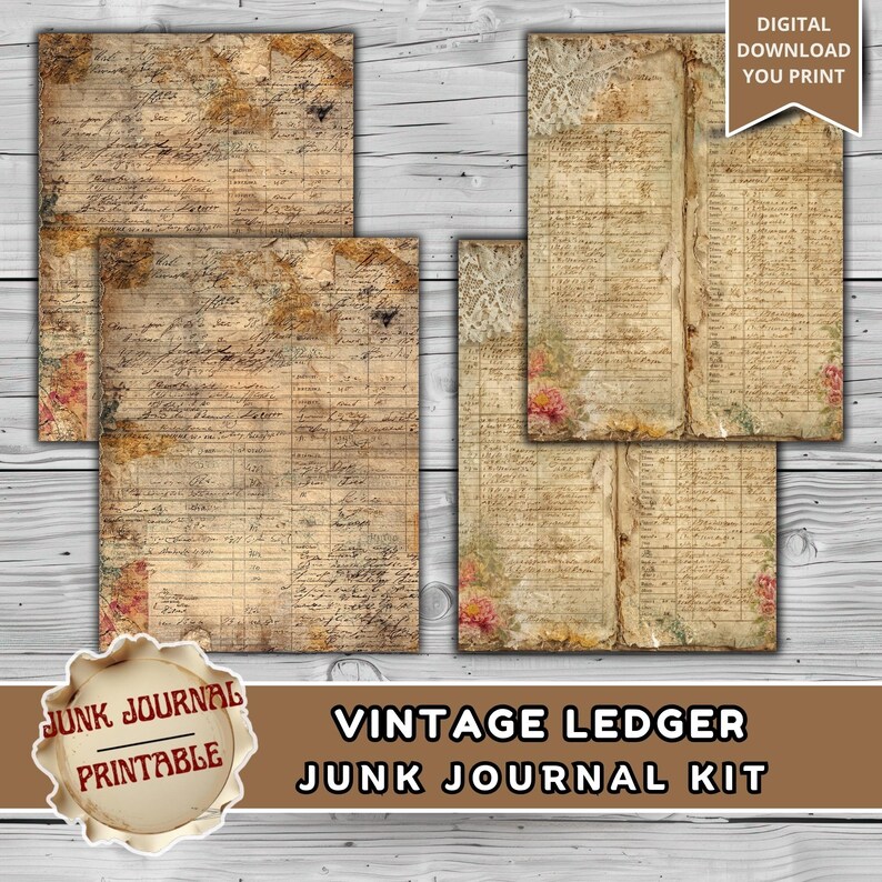 Vintage Ledger Junk Journal Kit Printable, Antique Ledger Paper Pack ...