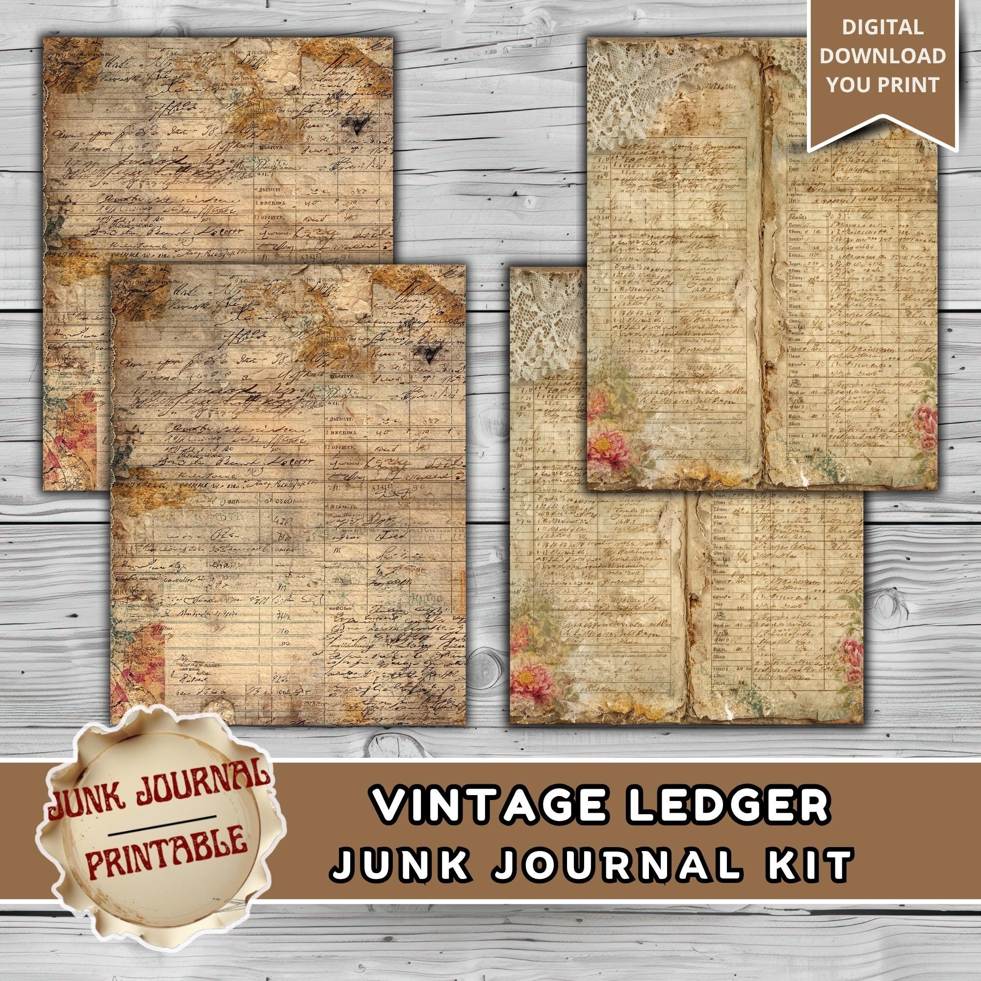 Vintage Ledger Junk Journal Kit Printable, Antique Ledger Paper Pack ...