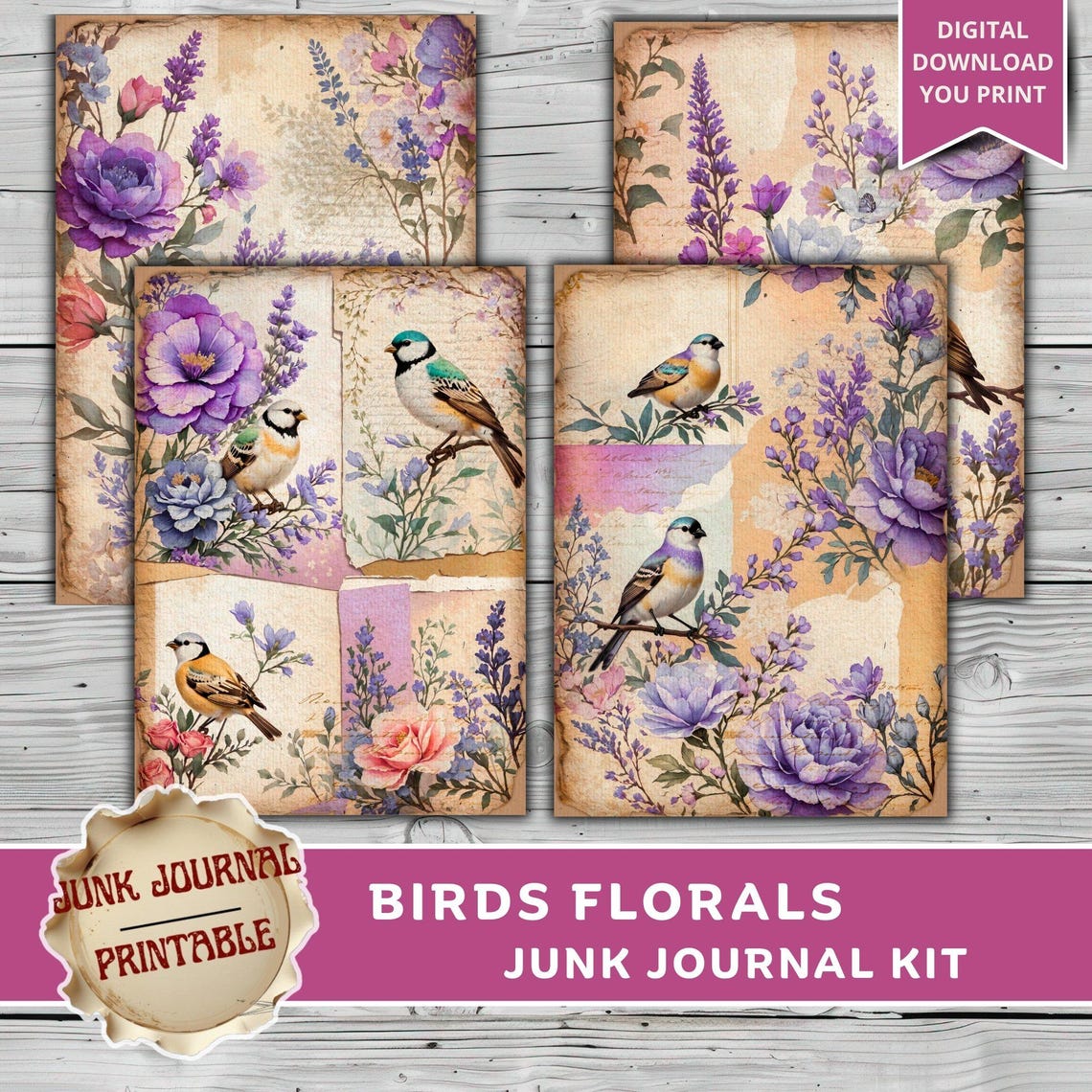 Bird Junk Journal Kit Printable, Vintage Bird Florals Ephemera, Spring ...