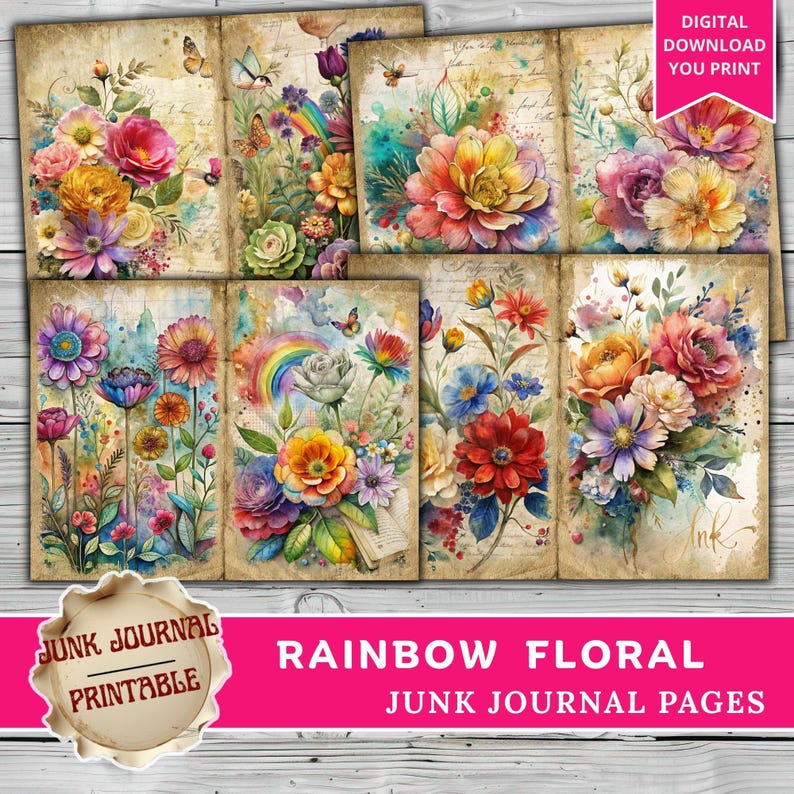 May include: Eight digital junk journal pages with watercolour illustrations of vibrant flowers, butterflies, and rainbows. The pages have a vintage, aged paper appearance with handwritten script details. Text includes "Digital Download You Print" and "Rainbow Floral Junk Journal Pages".