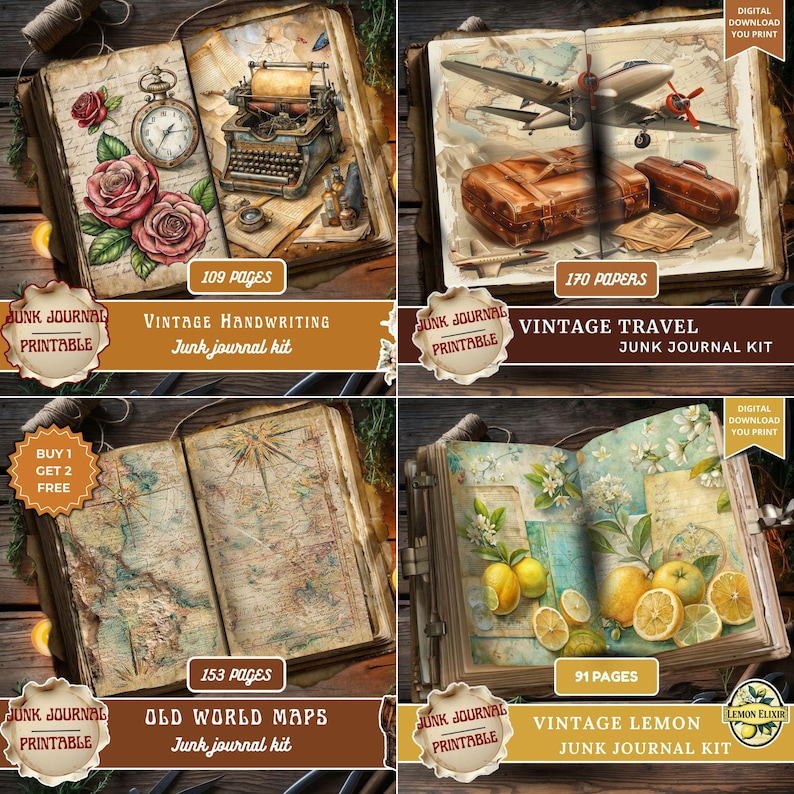 Vintage junk journal bundle showing typewriter and roses handwriting kit 109 pages, vintage travel luggage and airplane 170 pages, old world maps compass 153 pages, and lemon botanical 91 pages