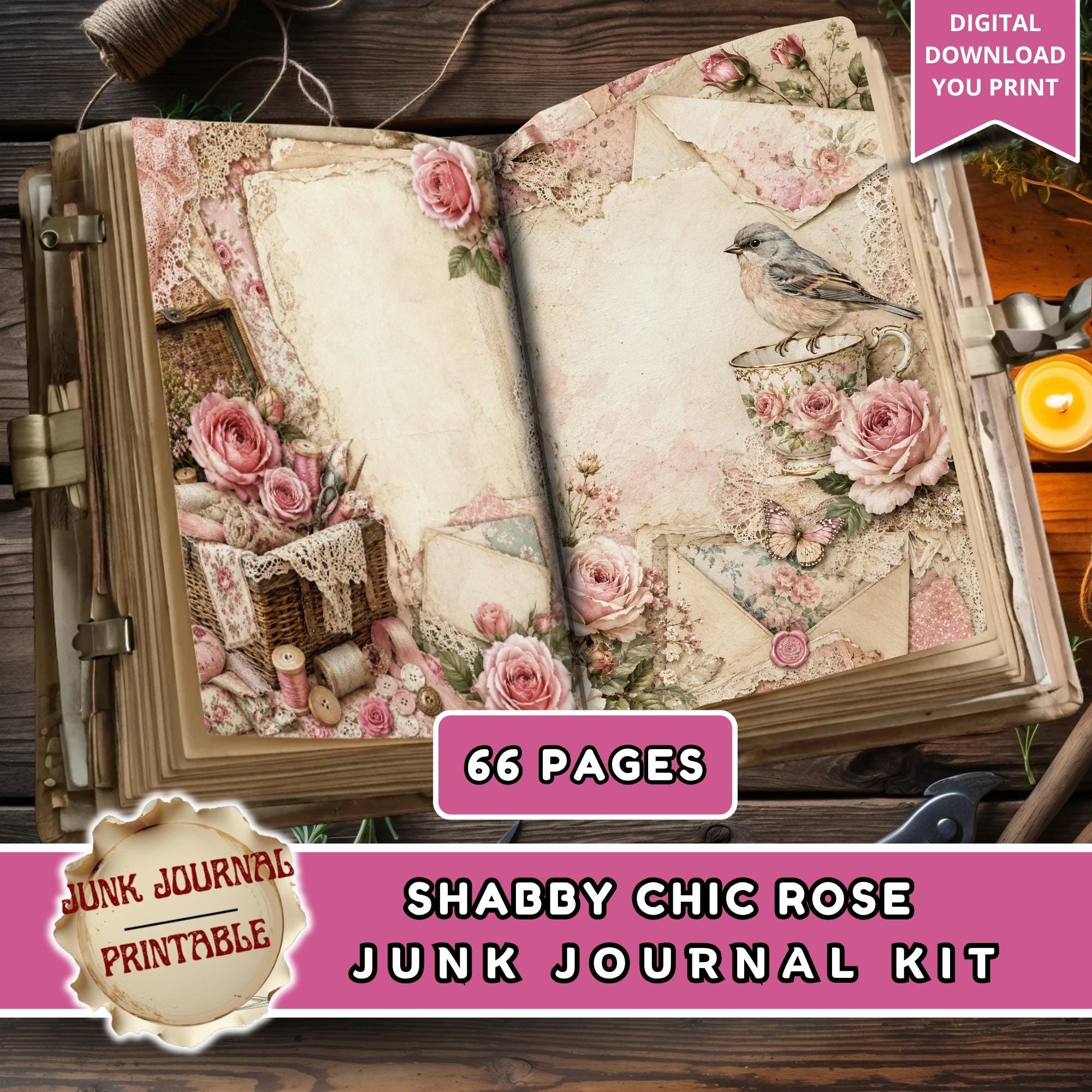 Shabby Chic Rose Junk Journal Kit, Vintage Floral Scrapbook Pages, Pink ...